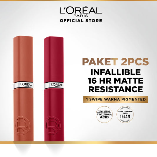 [PAKET HEMAT 2PCS] L’Oréal Paris Twinpack Infallible Matte Resistance Liquid Lipstick for 16H Long Lasting Matte Lips, Transfer Proof, Smudge Proof, Longwear Hydrating Comfort