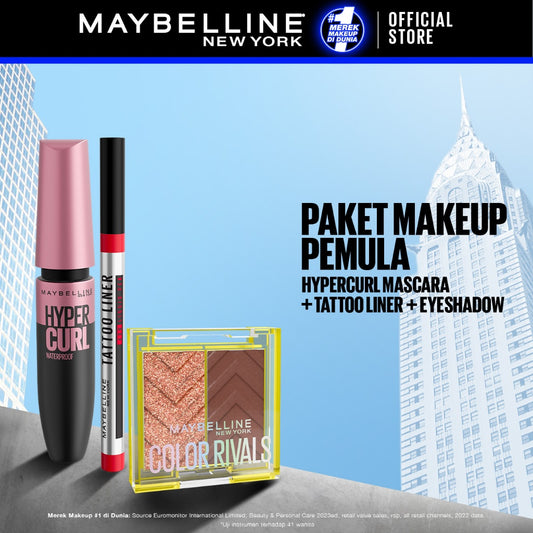 Maybelline Paket Hemat Hypercurl Waterproof Mascara + Tattoo Liner 48hr + Color Rivals Eyeshadow | Waterproof Maskara Eye Makeup Black Smudgeproof Panjang
