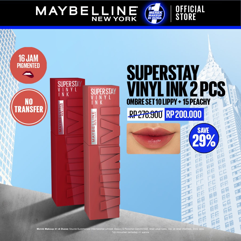 MAYBELLINE OFFICIAL Paket Hemat Superstay Vinyl Ink 2 pcs Ombre Set 10 Lippy + 15 Peachy Lipstick Long Lasting