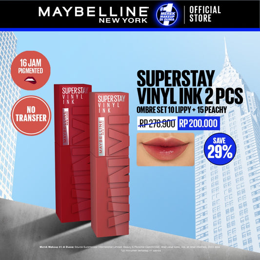 MAYBELLINE OFFICIAL Paket Hemat Superstay Vinyl Ink 2 pcs Ombre Set 10 Lippy + 15 Peachy Lipstick Long Lasting