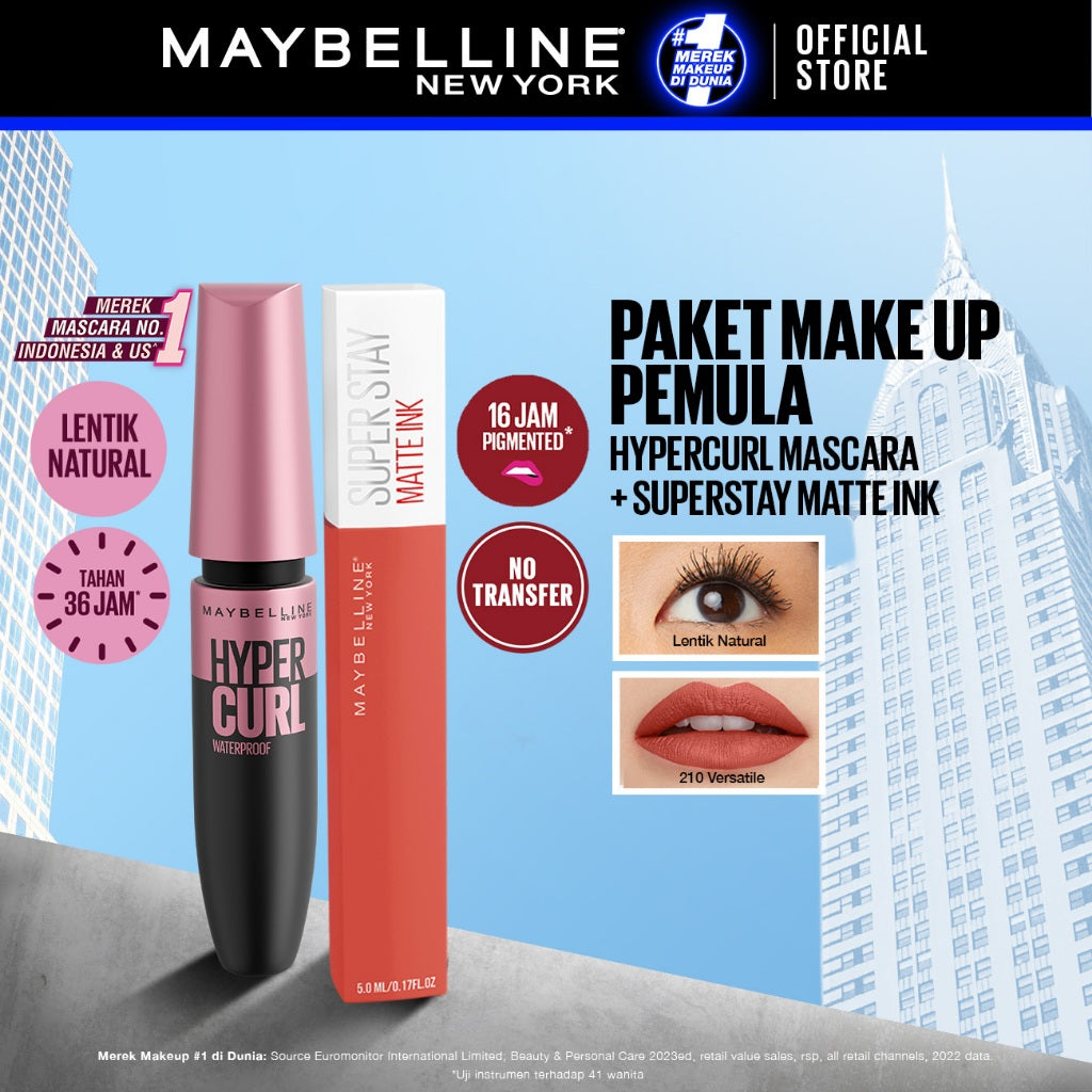MAYBELLINE OFFICIAL Paket Makeup Anti Transfer Hypercurl Waterproof Mascara + Superstay Matte Ink | Paket Maskara Lipstick