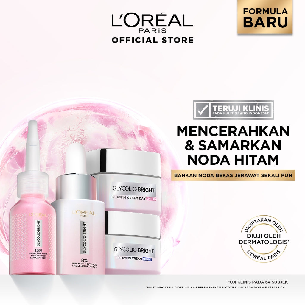 [BARU] Paket Skincare Glycolic Bright Exfoliant Peel, Moisturizer, Serum, Sunscreen, Cleanser, Full Kit Paket | Peeling Solution Hasil Seperti Peeling Profesional Di Rumah Menyamarkan Noda Hitam Bekas Jerawat Acne | Eksfoliasi Kulit Mati