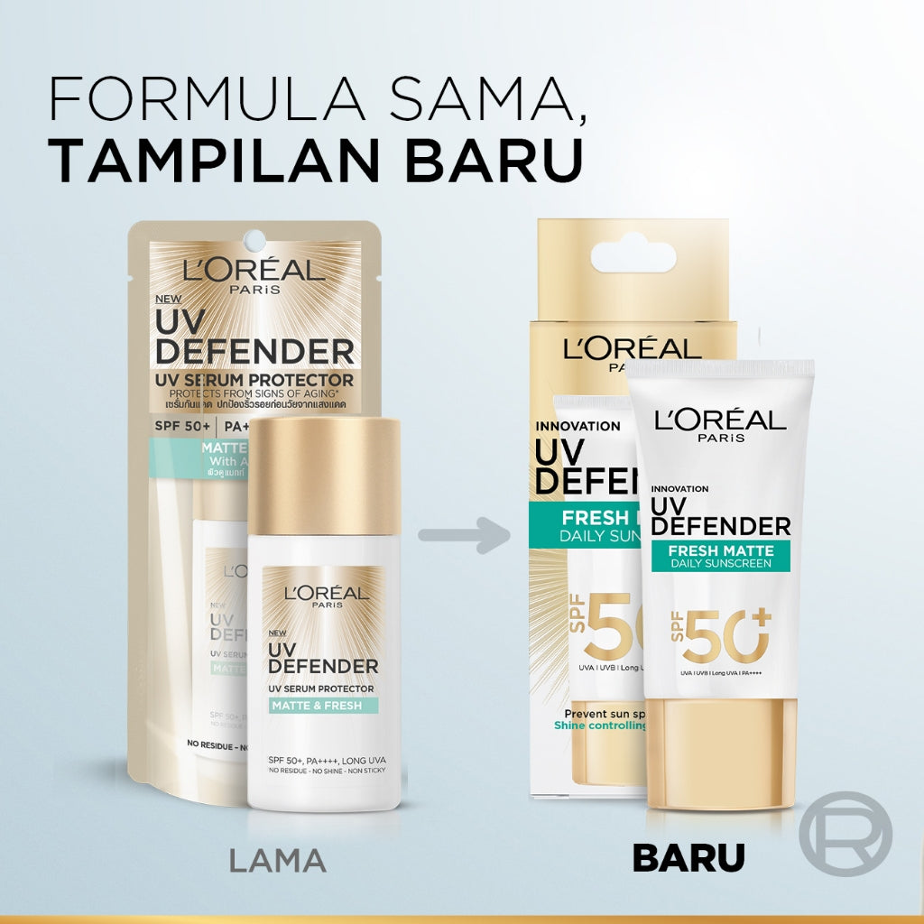(PAKET HEMAT ISI 2) L'Oreal Paris UV Defender Serum Protector Sunscreen Matte & Fresh SPF 50+ / PA ++++ Skin Care - 50ml (Untuk Mencegah Kulit Tampak Tua 5 Tahun & Melembapkan)