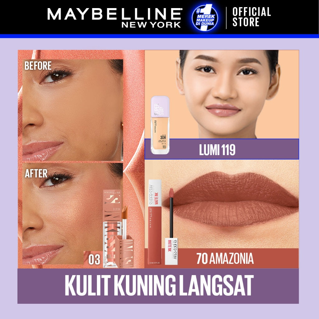 MAYBELLINE OFFICIAL Ramadan Gold Up Makeup Set : Superstay Lumi Matte FDT 120 + Sunkisser Liquid Blush Highlighter 11 + Superstay Matte Ink 245 SEEKER | Paket Makeup Full Coverage Ringan Foundation Cushion Powder Blush Liquid Blush Lipstick Matte