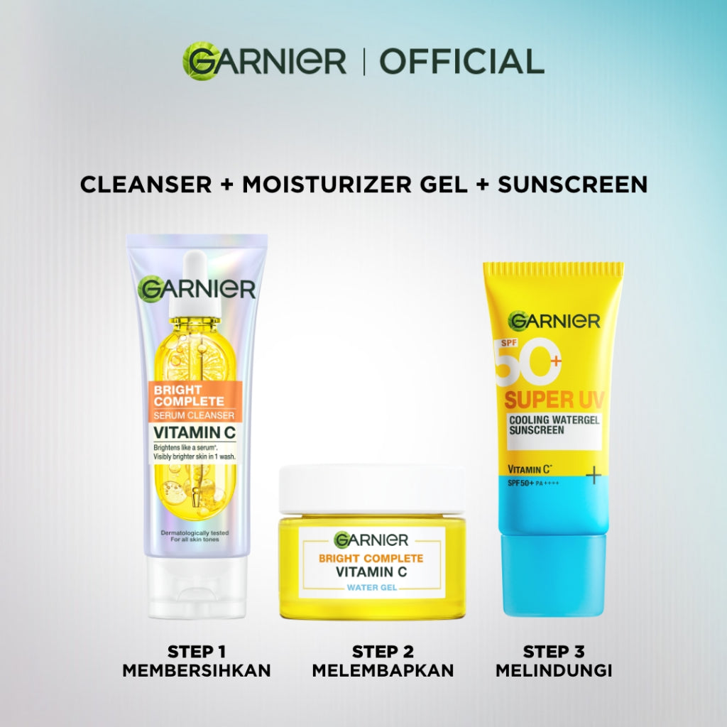 GARNIER Paket Skincare Set 2pc 3pc 5pc | Paket Hemat Super UV Cooling Watergel Sunscreen, Serum Wash Cleanser Moisturizer Gel Super UV Sunscreen SPF