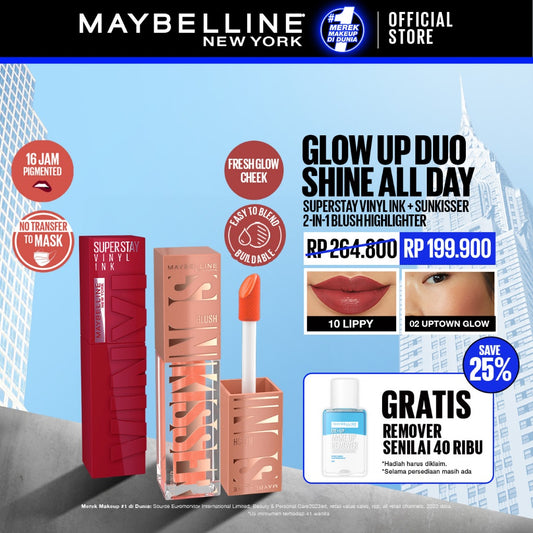 [EXCLUSIVE SHOPEE] MAYBELLINE OFFICIAL Glow Up Duo Shine All Day - Sunkisser 2-in-1 Blush Highlighter + Superstay Vinyl Ink