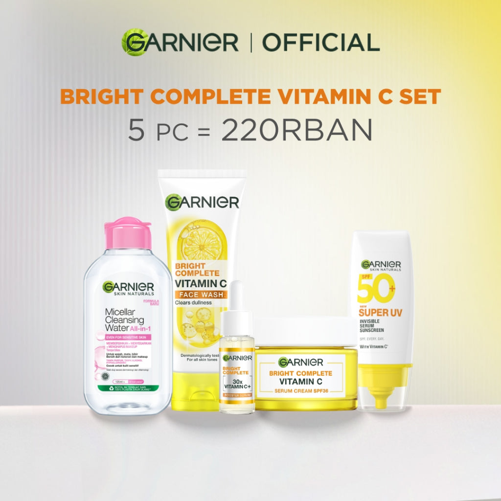 (PAKET HEMAT 5PCS) Bright Complete Vitamin C Day Complete Set - Micellar Pink 125ml, Foam Cleanser 100ml, Day Serum 15ml, Day Cream 50ml & Invisible Serum Sunscreen SPF 50+ PA++++ 30ml