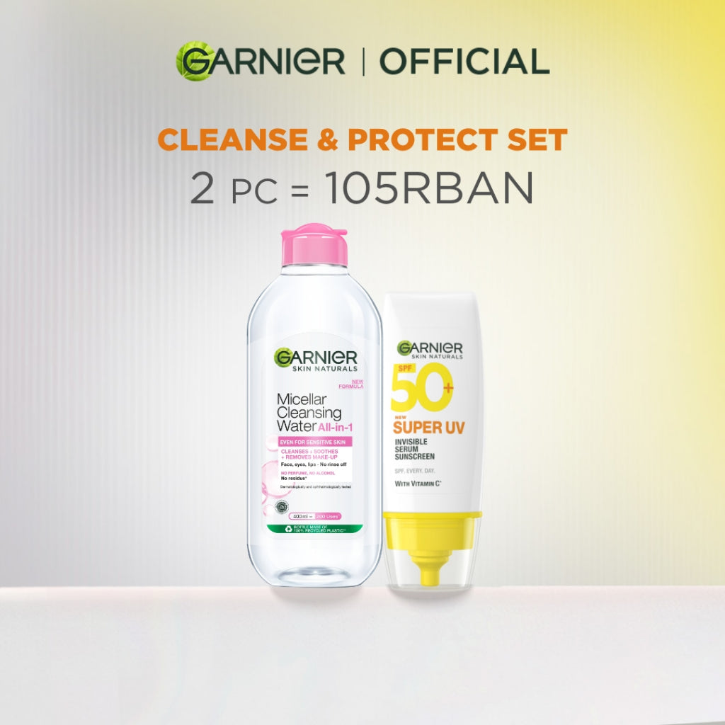 Paket Garnier 2-Step Micellar & Sunscreen Kit - Micellar Water Pink 400ml + Super UV Invisible Serum Sunscreen SPF 50+ PA++++ 30ml