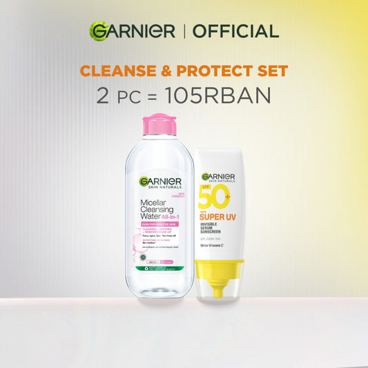 Paket Garnier 2-Step Micellar & Sunscreen Kit - Micellar Water Pink 400ml + Super UV Invisible Serum Sunscreen SPF 50+ PA++++ 30ml