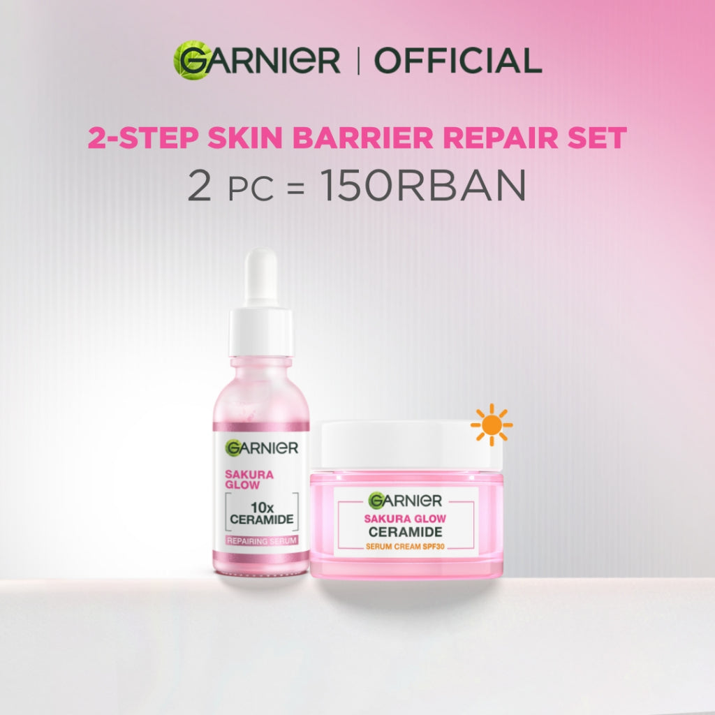 GARNIER Sakura Glow Ceramide Skin Barrier Repair Set Serum 30ml + Day Cream | Pelembab Ringan mencerahkan tone up pelembab wajah cream pemutih wajah glowing cepat