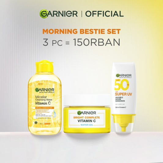 Paket Skincare Garnier Bright Complete Dark Spot & Protection Set (Micellar Vitamin C 125ml, Gel Moisturizer 50ml, UV Invisibile Serum Sunscreen 30ml) - Untuk mencerahkan kulit kusam, mengurangi flek hitam dan melindungi kulit dari munculnya sunspots
