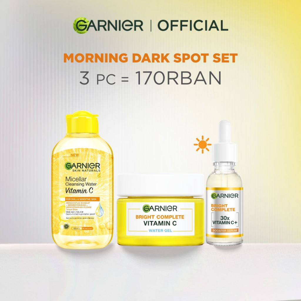 Paket Skincare Garnier Bright Complete Dark Spot Set (Micellar Vitamin C 125ml, Serum 30ml, Gel Moisturizer 50ml) - Untuk mencerahkan kulit kusam dan mengurangi flek hitam