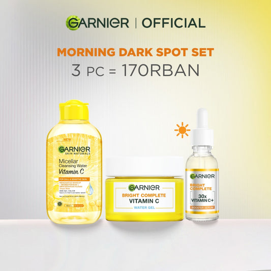 Paket Skincare Garnier Bright Complete Dark Spot Set (Micellar Vitamin C 125ml, Serum 30ml, Gel Moisturizer 50ml) - Untuk mencerahkan kulit kusam dan mengurangi flek hitam