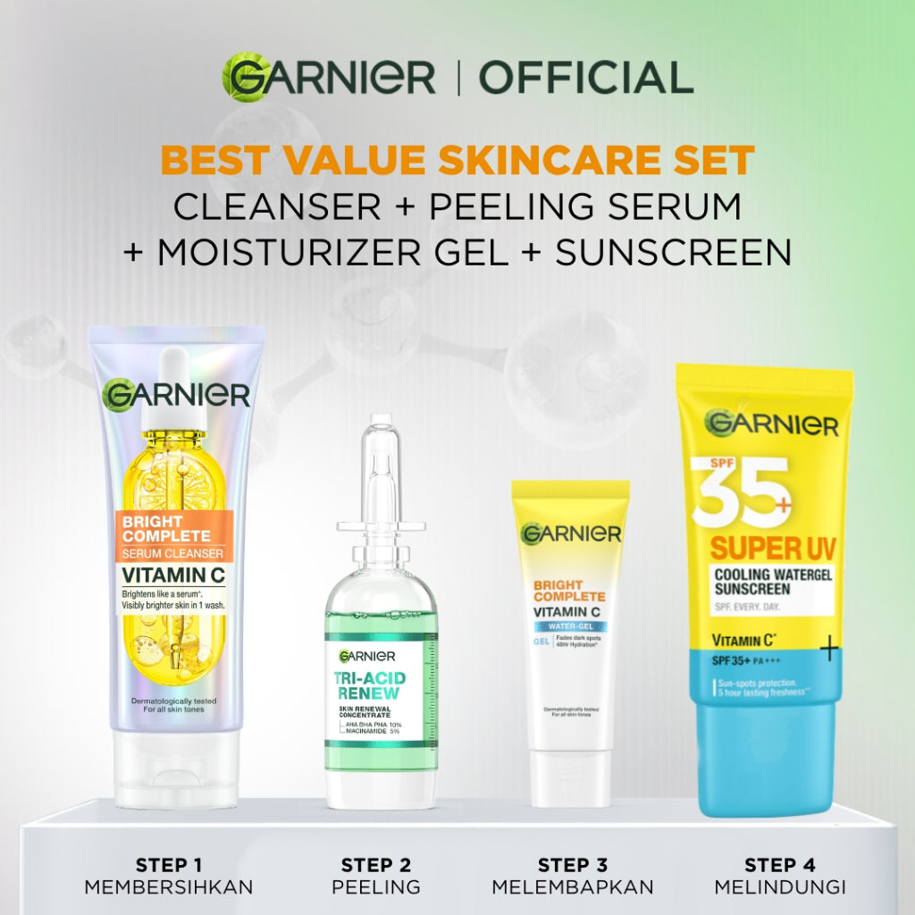 GARNIER Paket Skincare Peeling 1 Set Lengkap Serum Exfoliating Eksfoliasi Wajah Daily Set | tone up mencerahkan moisturizer pelembab