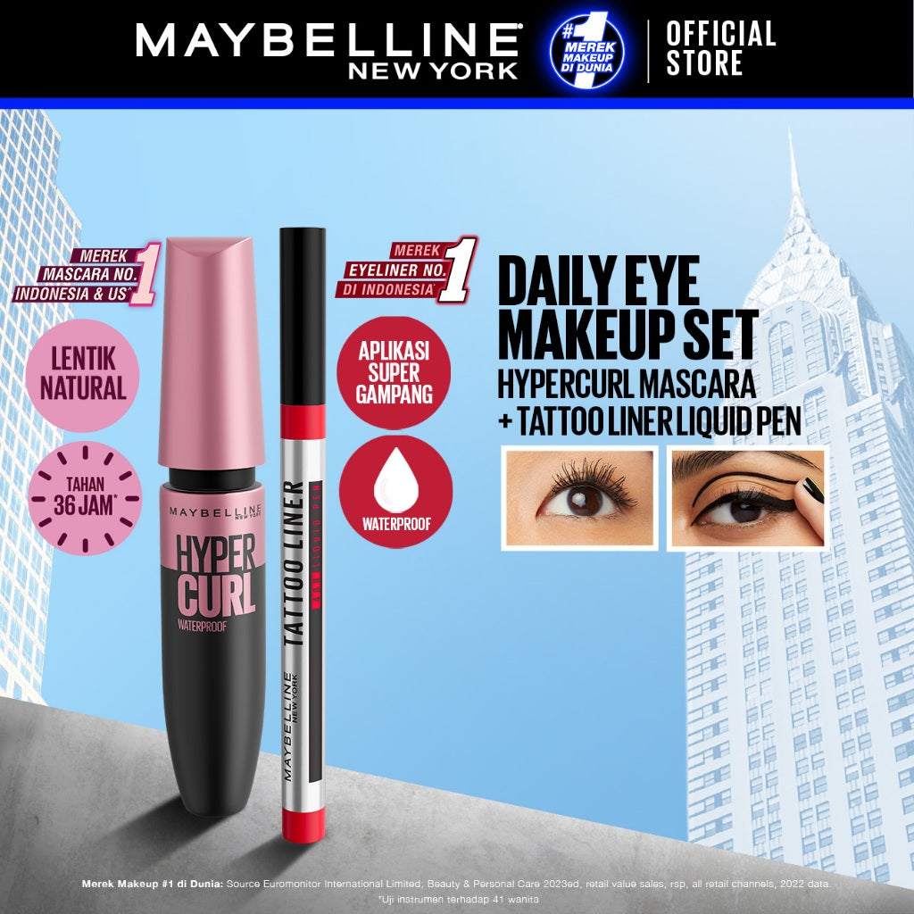 MAYBELLINE OFFICIAL Daily Eye Makeup Bundle Hypercurl Waterproof Mascara + Tattoo Liner 48H Liquid Pen Eyeliner Waterproof Tahan 48 Jam