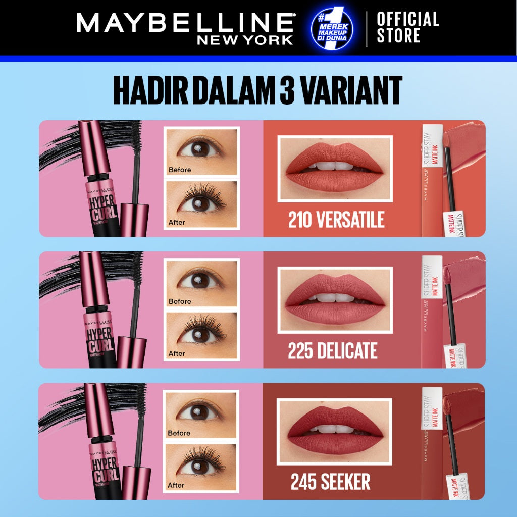 MAYBELLINE OFFICIAL Paket Makeup Anti Transfer Hypercurl Waterproof Mascara + Superstay Matte Ink | Paket Maskara Lipstick
