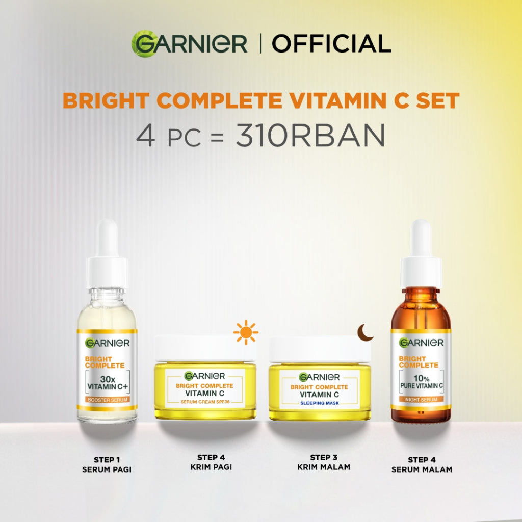 GARNIER Paket Skincare 1 set lengkap Complete Kit Vitamin C Serum 30 ml + Overnight Serum 30ml + Night Cream 50ml + Day Cream 50ml - Skincare Serum Mencerahkan Bundle Paket  moisturizer tone up pelembab wajah cream pemutih wajah glowing cepat