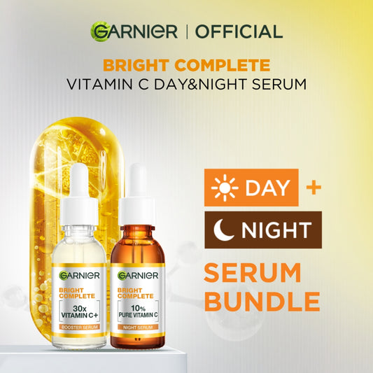 GARNIER Paket Skincare Isi 2 Vitamin C Day Serum & Night Serum 30 ml Tone Up Serum Mencerahkan Wajah | Paket Serum Pagi & Malam