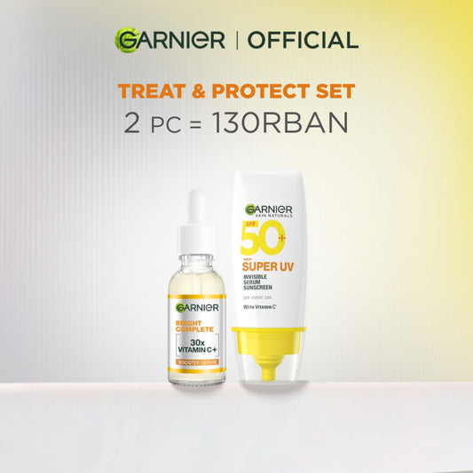 Paket Garnier Bright Complete Vitamin C Serum & Sunscreen Kit - Bright Complete Serum 30 ml + Super UV Invisible Serum Sunscreen SPF 50+ PA++++ 30ml