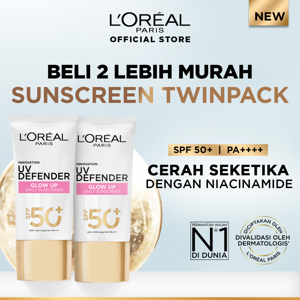 [BUY 1 GET 1] L'Oreal Paris UV Defender Serum Protector Sunscreen SPF 50+ / PA ++++ Skin Care - 50ml Twinpack  (Untuk Mencegah Kulit Tampak Tua 5 Tahun)