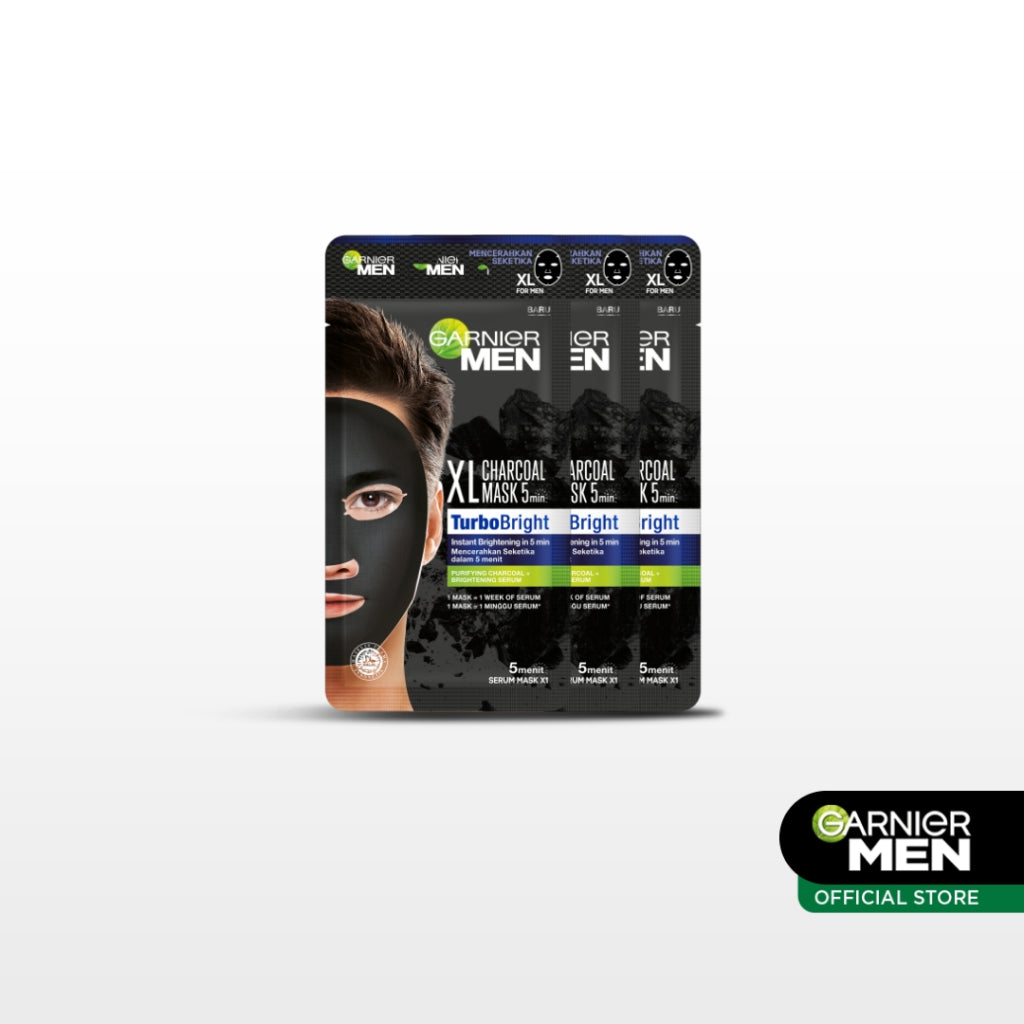 (PAKET HEMAT ISI 3) Garnier Men Masker Wajah Turbo Bright XL Charcoal Tissue Mask (Masker Perawatan Wajah Pria Tampak Lebih Cerah dalam 15 Menit!)
