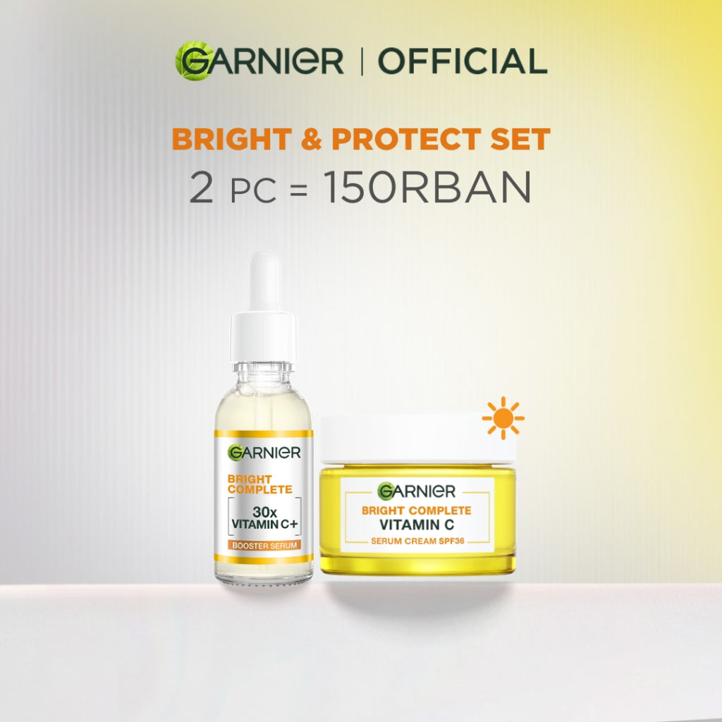 GARNIER Paket Skincare 1 Set Lengkap Vitamin C Brightening Daily Set Serum & Day Cream| Day Cream 50 ml + Serum 30 ml tone up mencerahkan moisturizer pelembab