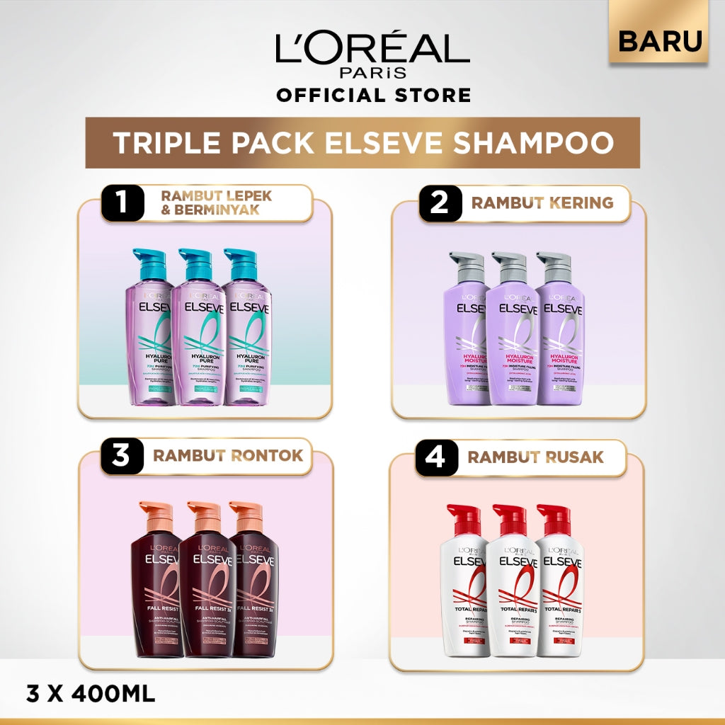 [PAKET HEMAT 3Pcs] L’Oreal Paris Triple Pack ELSEVE Fall Resist, Total Repair 5, Hyaluron Pure, Hyaluron Moisture | Perawatan Rambut Kering, Rontok, Rusak, Lepek & Berminyak
