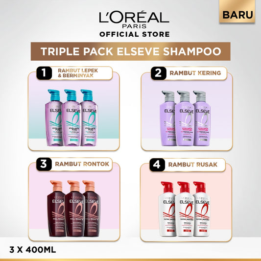[PAKET HEMAT 3Pcs] L’Oreal Paris Triple Pack ELSEVE Fall Resist, Total Repair 5, Hyaluron Pure, Hyaluron Moisture | Perawatan Rambut Kering, Rontok, Rusak, Lepek & Berminyak