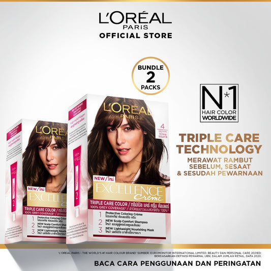 (PAKET HEMAT ISI 2) L'Oreal Paris Excellence Creme Triple Care Hair Color #4 Natural Brown (Cat / Pewarna Rambut)