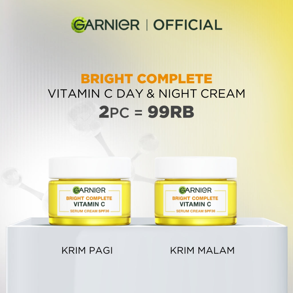 GARNIER Bright Complete Vitamin C Simple Set Day Cream & Night Cream 50 ml Krim Siang & Krim Malam Mencerahkan Bundle Paket Skincare 1 set lengkap moisturizer tone up pelembab wajah cream pemutih wajah glowing cepat