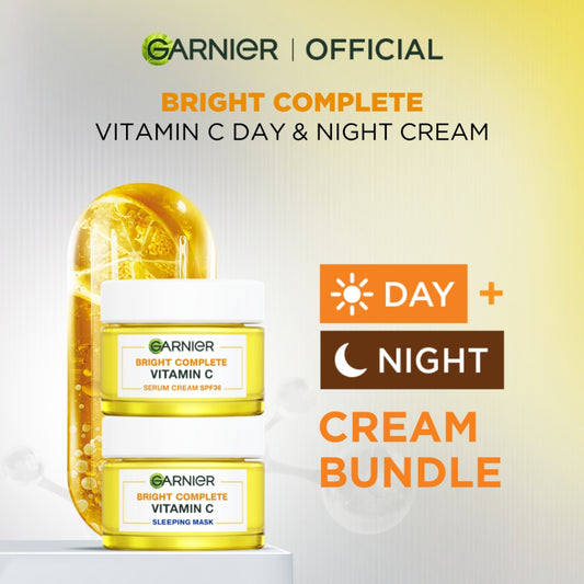 GARNIER Bright Complete Vitamin C Simple Set Day Cream & Night Cream 50 ml Krim Siang & Krim Malam Mencerahkan Bundle Paket Skincare 1 set lengkap moisturizer tone up pelembab wajah cream pemutih wajah glowing cepat