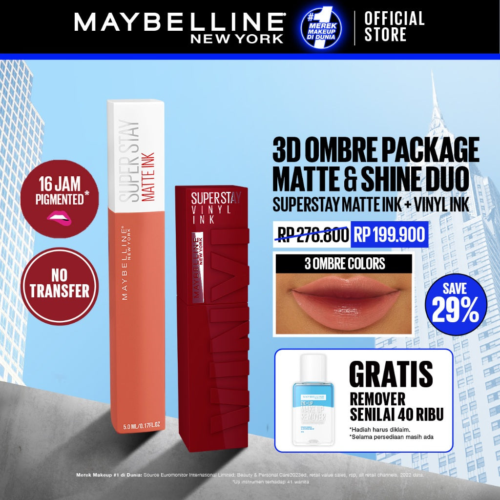 MAYBELLINE OFFICIAL 3D Ombre Lip Packages : Matte & Shine Duo (Superstay Matte Ink + Superstay Vinyl Ink)