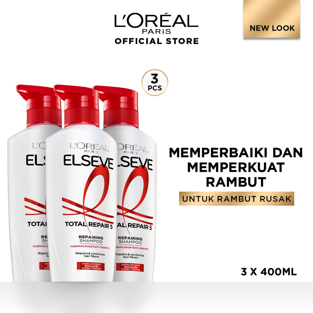 [PAKET HEMAT 3Pcs] L’Oreal Paris Triple Pack ELSEVE Fall Resist, Total Repair 5, Hyaluron Pure, Hyaluron Moisture | Perawatan Rambut Kering, Rontok, Rusak, Lepek & Berminyak