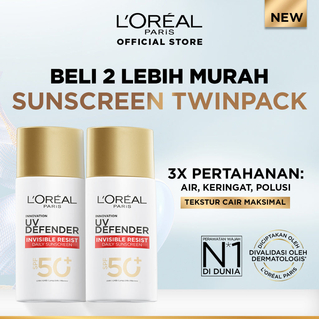 [BUY 1 GET 1] L'Oreal Paris UV Defender Serum Protector Sunscreen SPF 50+ / PA ++++ Skin Care - 50ml Twinpack  (Untuk Mencegah Kulit Tampak Tua 5 Tahun)
