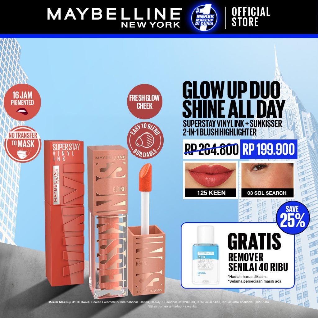 [EXCLUSIVE SHOPEE] MAYBELLINE OFFICIAL Glow Up Duo Shine All Day - Sunkisser 2-in-1 Blush Highlighter + Superstay Vinyl Ink