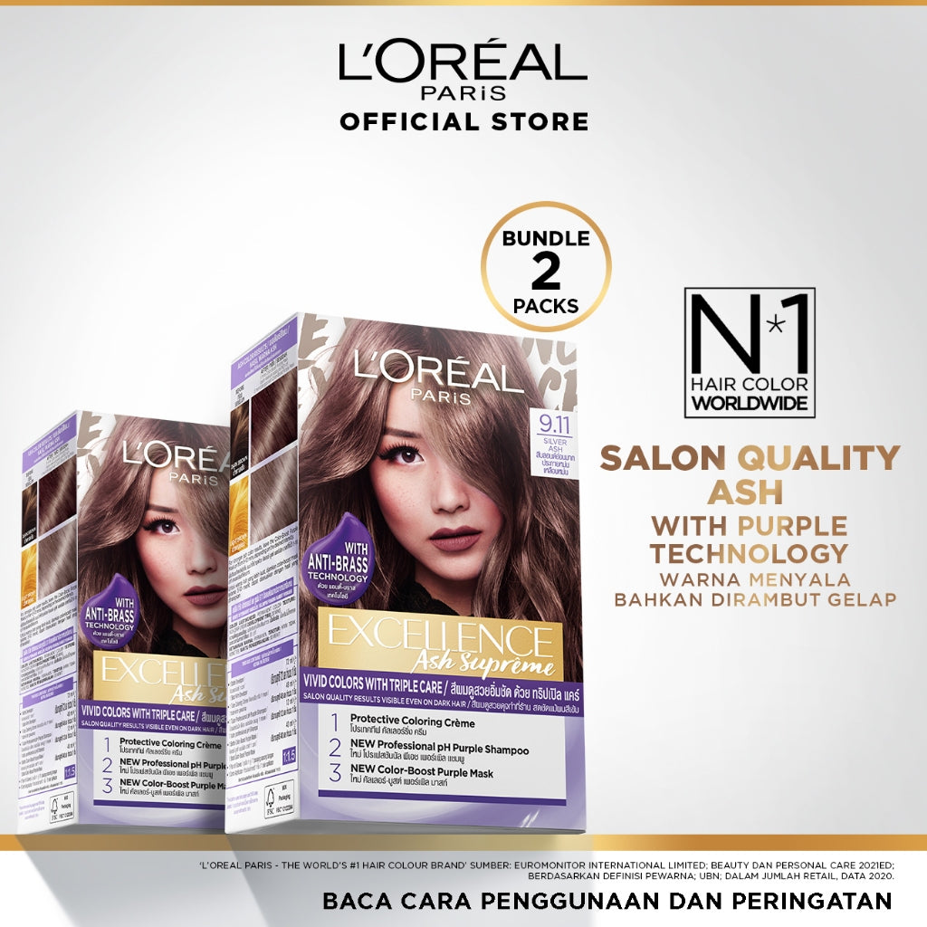 L'Oreal Paris Excellence Ash Supreme #9.11 Silver Ash Hair Color Twinpack (Cat Rambut L'Oreal)