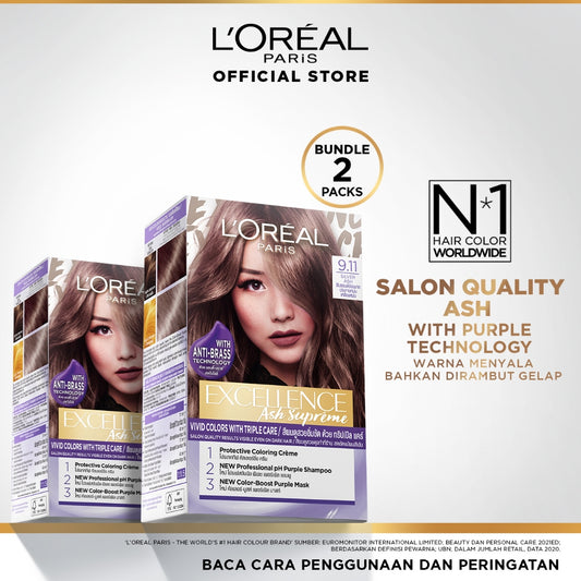 L'Oreal Paris Excellence Ash Supreme #9.11 Silver Ash Hair Color Twinpack (Cat Rambut L'Oreal)