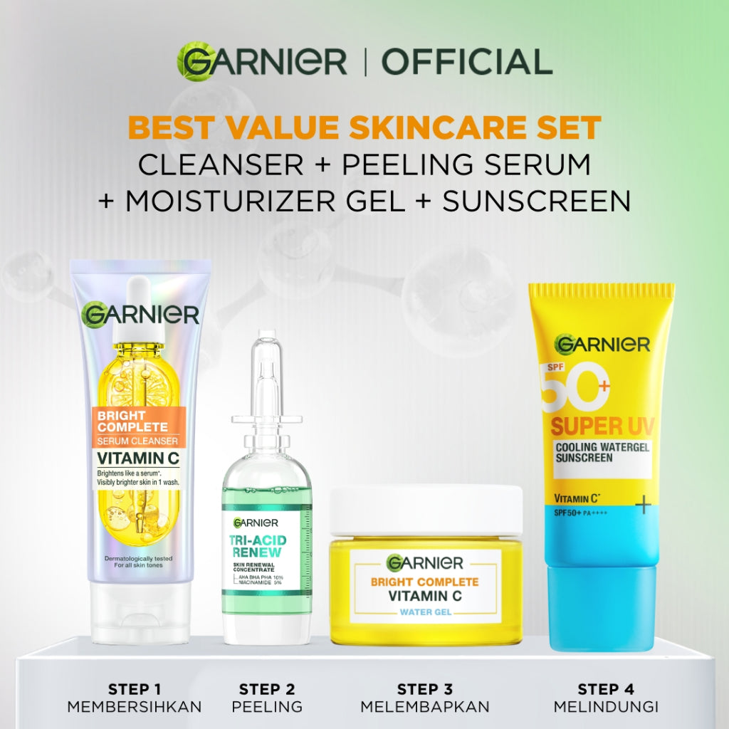 GARNIER Paket Skincare Peeling 1 Set Lengkap Serum Exfoliating Eksfoliasi Wajah Daily Set | tone up mencerahkan moisturizer pelembab