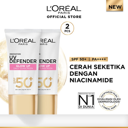 L'Oreal Paris UV Defender Serum Protector Sunscreen Glow Up SPF50+/PA++++ x2Pcs-Sunblock Loreal 50mlx2 Kulis kusam, garis halus, kulit kering, noda hitam, perlindungan sinar UV, UVA & UVB  sunscreen, tabir surya, sunblock, spf, sun screen, anti aging