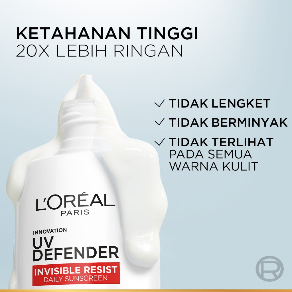 L'Oreal Paris UV Defender Invisible Resist Sunscreen SPF50+ PA++++ x2Pcs-Sunblock Loreal 50mlx2 Kulis kusam, garis halus, kulit kering, noda hitam, perlindungan sinar UV, UVA & UVB  sunscreen, tabir surya, sunblock, spf, sun screen, anti aging