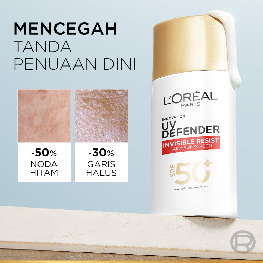 L'Oreal Paris UV Defender Invisible Resist Sunscreen SPF50+ PA++++ x2Pcs-Sunblock Loreal 50mlx2 Kulis kusam, garis halus, kulit kering, noda hitam, perlindungan sinar UV, UVA & UVB  sunscreen, tabir surya, sunblock, spf, sun screen, anti aging
