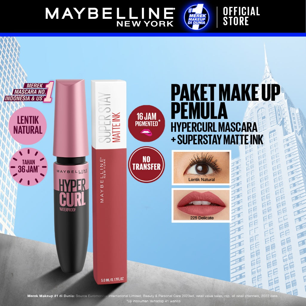 MAYBELLINE OFFICIAL Paket Makeup Anti Transfer Hypercurl Waterproof Mascara + Superstay Matte Ink | Paket Maskara Lipstick