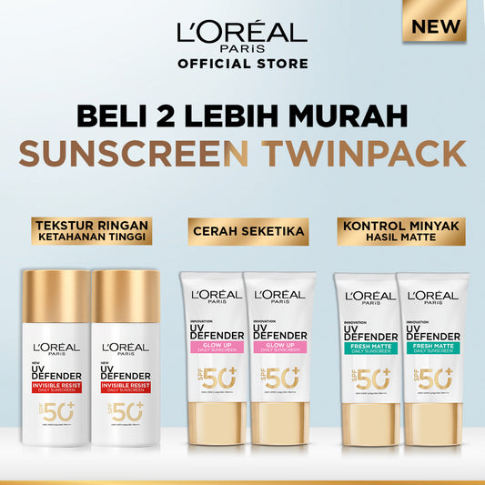 [BUY 1 GET 1] L'Oreal Paris UV Defender Serum Protector Sunscreen SPF 50+ / PA ++++ Skin Care - 50ml Twinpack  (Untuk Mencegah Kulit Tampak Tua 5 Tahun)