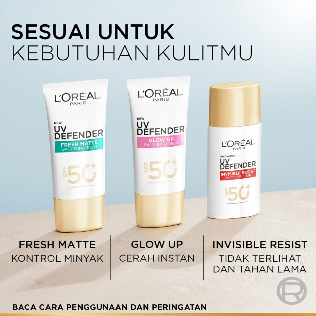 L'Oreal Paris UV Defender Serum Protector Sunscreen Glow Up SPF50+/PA++++ x2Pcs-Sunblock Loreal 50mlx2 Kulis kusam, garis halus, kulit kering, noda hitam, perlindungan sinar UV, UVA & UVB  sunscreen, tabir surya, sunblock, spf, sun screen, anti aging
