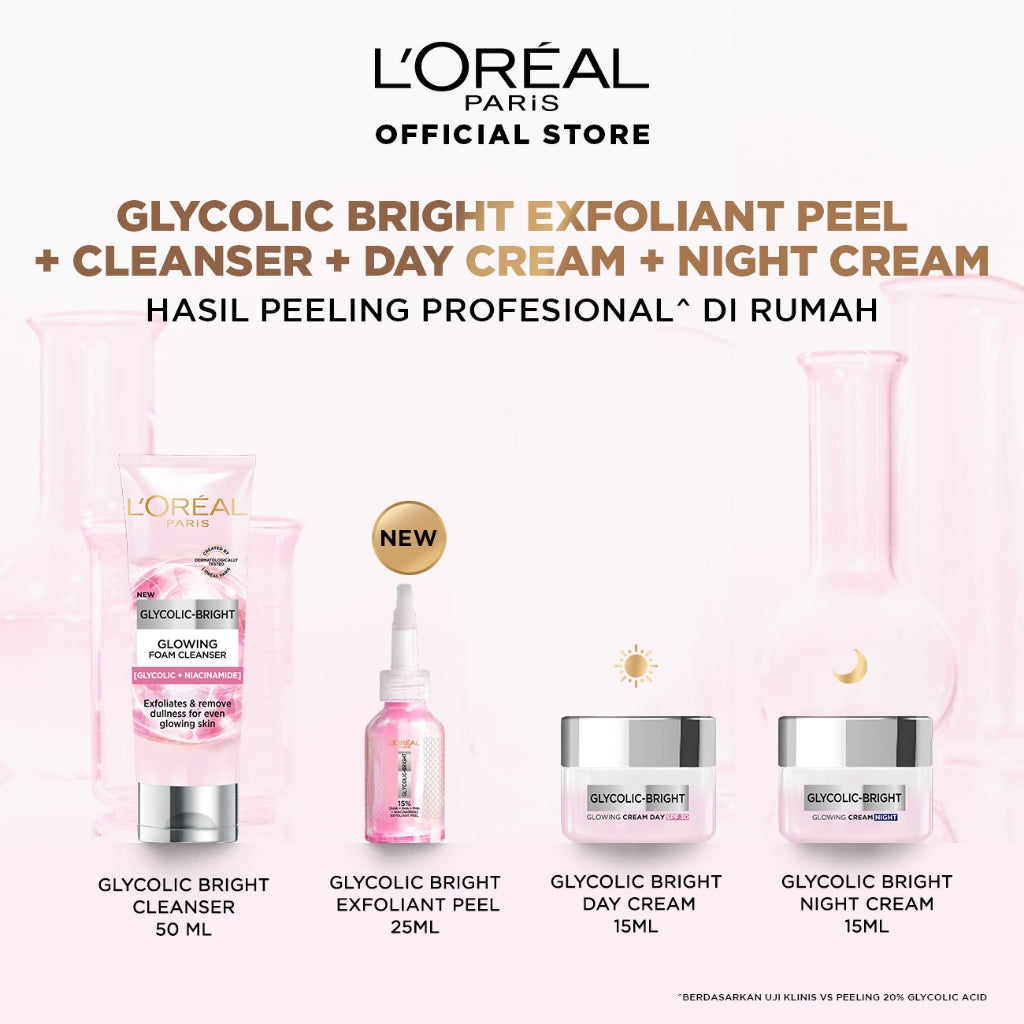 [BARU] Paket Skincare Glycolic Bright Exfoliant Peel, Moisturizer, Serum, Sunscreen, Cleanser, Full Kit Paket | Peeling Solution Hasil Seperti Peeling Profesional Di Rumah Menyamarkan Noda Hitam Bekas Jerawat Acne | Eksfoliasi Kulit Mati