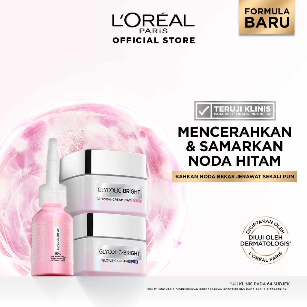 [BARU] Paket Skincare Glycolic Bright Exfoliant Peel, Moisturizer, Serum, Sunscreen, Cleanser, Full Kit Paket | Peeling Solution Hasil Seperti Peeling Profesional Di Rumah Menyamarkan Noda Hitam Bekas Jerawat Acne | Eksfoliasi Kulit Mati
