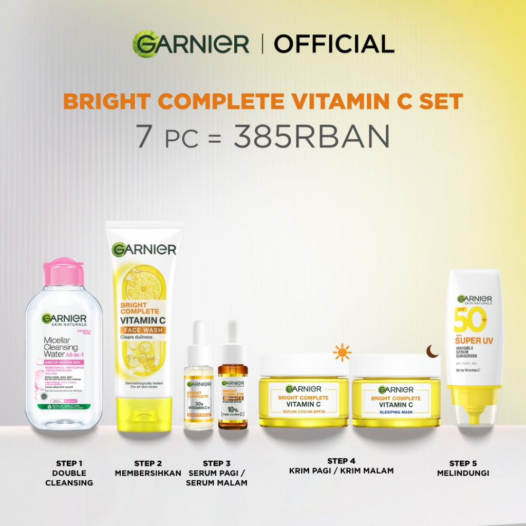 [PAKET HEMAT 7 PCS] GARNIER Paket Skincare 1 set lengkap Complete Kit Vitamin C Serum 30 ml + Overnight Serum 30ml + Night Cream 50ml + Day Cream 50ml Serum Mencerahkan Bundle Paket  moisturizer tone up pelembab wajah cream pemutih wajah glowing cepat