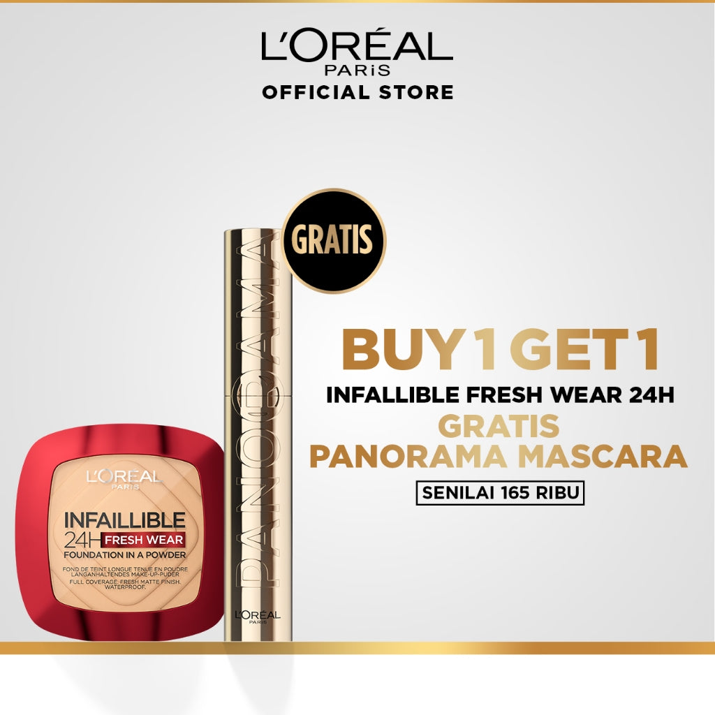 [BUY 1 GET 1] MAKEUP PRODUCT FREE PANORAMA MASCARA | L'Oréal Paris Infallible 24h Fresh Wear Powder Foundation High Coverage, Fresh and Matte Finish Makeup - 9gr