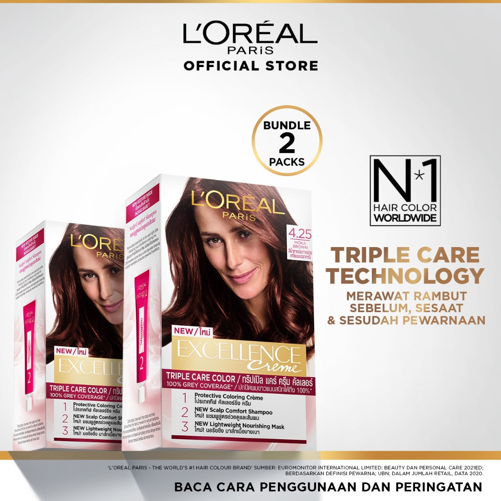 (PAKET HEMAT ISI 2) L'Oreal Paris Excellence Creme Triple Care Hair Color 4.25 Moka Brown (Cat / Pewarna Rambut)