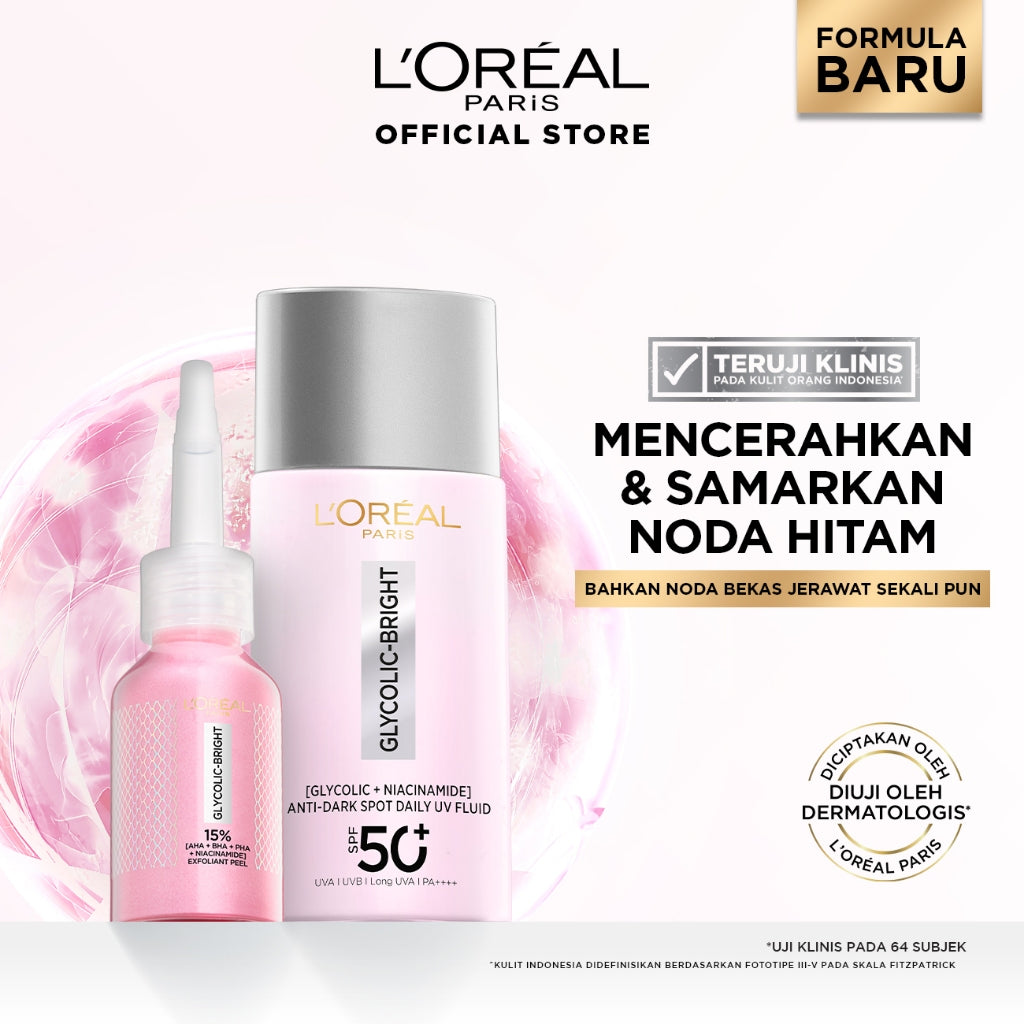 [BARU] Paket Skincare Glycolic Bright Exfoliant Peel, Moisturizer, Serum, Sunscreen, Cleanser, Full Kit Paket | Peeling Solution Hasil Seperti Peeling Profesional Di Rumah Menyamarkan Noda Hitam Bekas Jerawat Acne | Eksfoliasi Kulit Mati